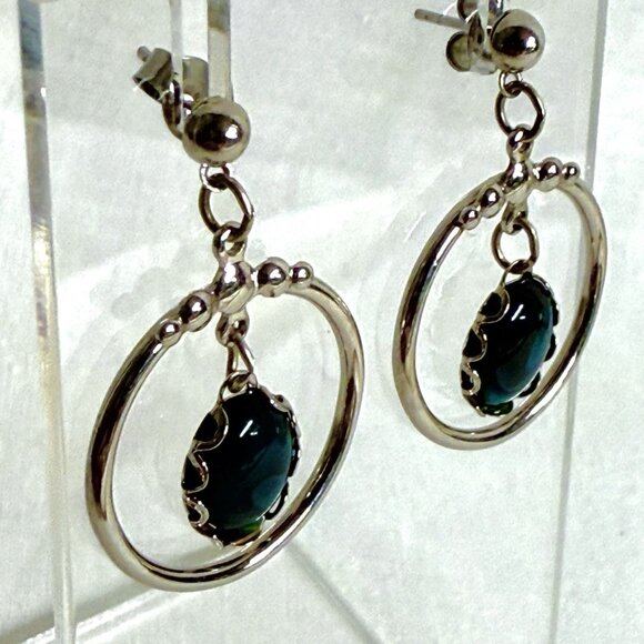 Vintage Silver-Tone Dangle Earrings with Blue Glass Cabochon Drop - Picture 6 of 8